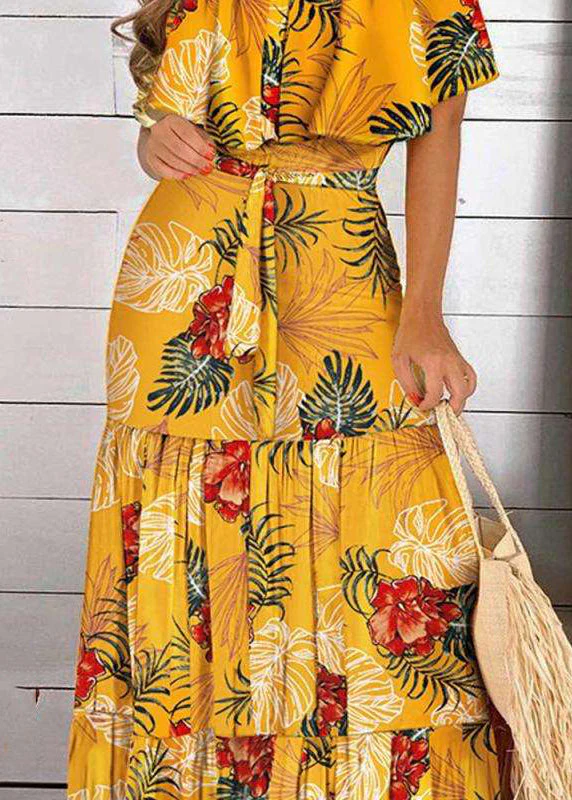 Bohemian Yellow Cold Shoulder Print Wrinkled Maxi Dress Short Sleeve - Image 5