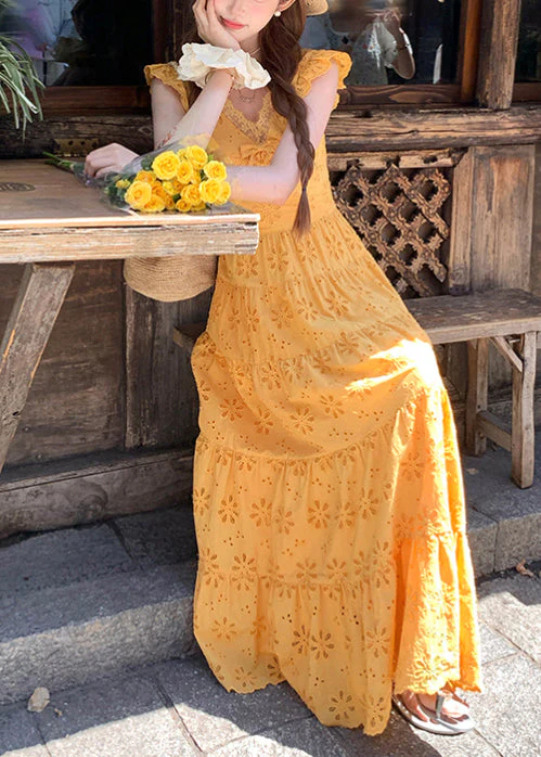 Bohemian Yellow Embroidered Cotton Robe Dresses Summer - Image 2