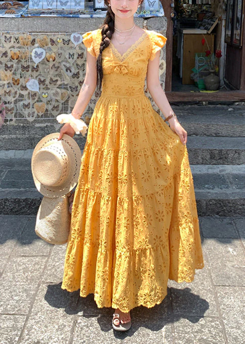 Bohemian Yellow Embroidered Cotton Robe Dresses Summer - Image 3