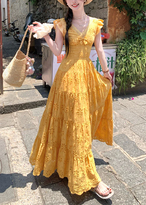Bohemian Yellow Embroidered Cotton Robe Dresses Summer - Image 4
