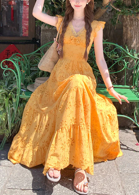 Bohemian Yellow Embroidered Cotton Robe Dresses Summer - Image 5