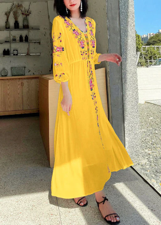 Bohemian Yellow Embroidered Tie Waist Cotton Vacation Dresses Bracelet Sleeve - Image 3