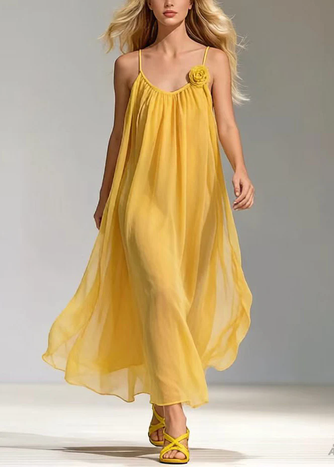 Bohemian Yellow Floral Decorated Draping Chiffon Maxi Dresses Summer - Image 5