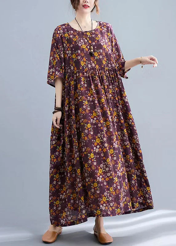Bohemian Yellow Floral O-Neck Cinched pockets Long Dress Long Sleeve - Image 2
