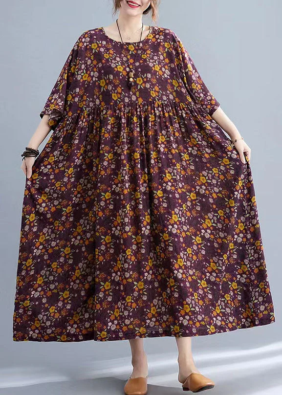 Bohemian Yellow Floral O-Neck Cinched pockets Long Dress Long Sleeve - Image 4