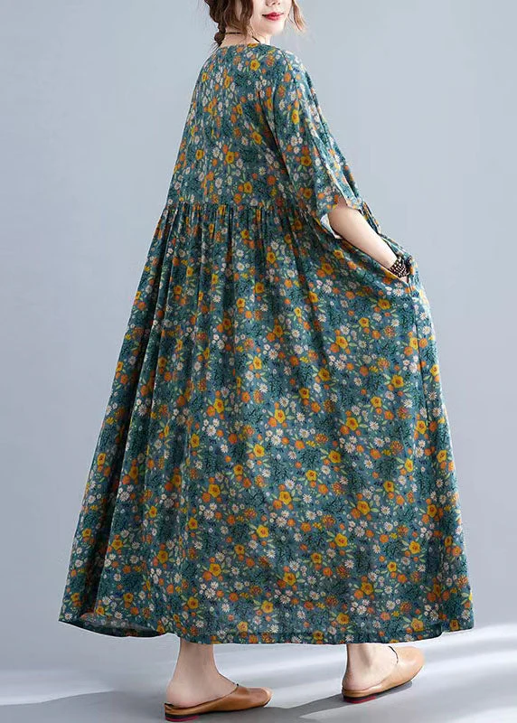 Bohemian Yellow Floral O-Neck Cinched pockets Long Dress Long Sleeve - Image 5