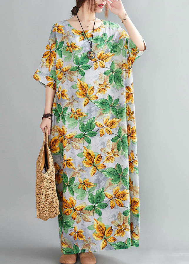 Bohemian Yellow Green O-Neck Leaf Print Cotton Long Dress Short Sleeve - Image 2