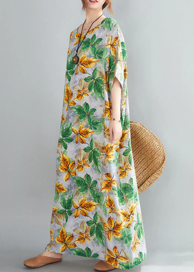 Bohemian Yellow Green O-Neck Leaf Print Cotton Long Dress Short Sleeve - Image 4