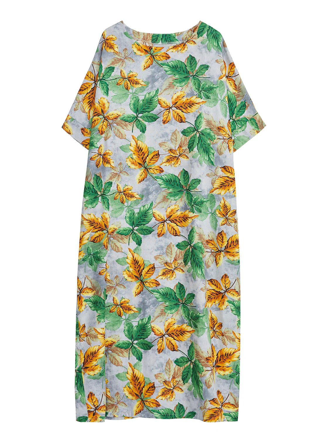 Bohemian Yellow Green O-Neck Leaf Print Cotton Long Dress Short Sleeve - Image 5