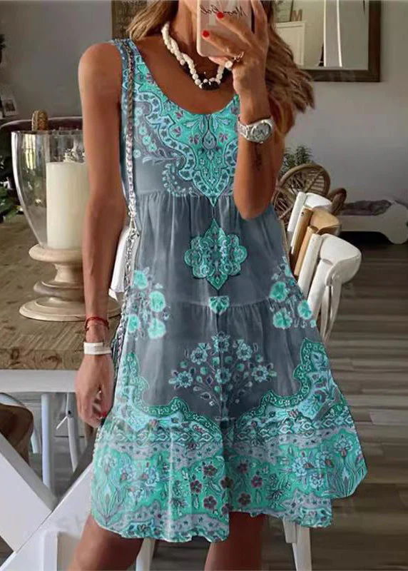 Bohemian Yellow Green Print Cotton Mid Dress Sleeveless - Image 2