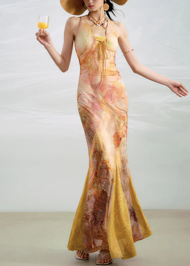 Bohemian Yellow Lace Up Print Lace Ankle Dress Summer - Image 3