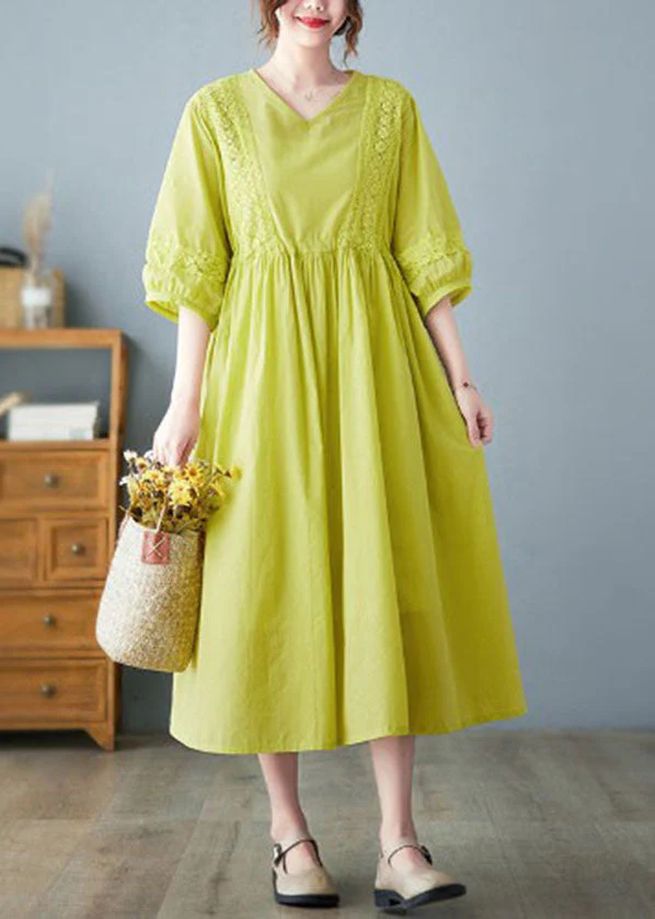 Bohemian Yellow O-Neck Lace Patchwork Cotton Cinch Dress Half Sleeve - Image 3