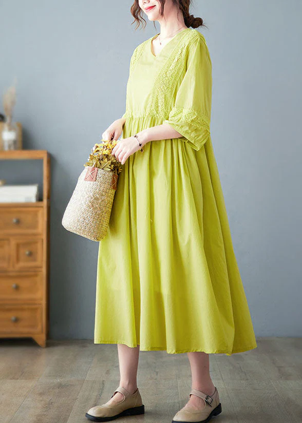 Bohemian Yellow O-Neck Lace Patchwork Cotton Cinch Dress Half Sleeve - Image 4