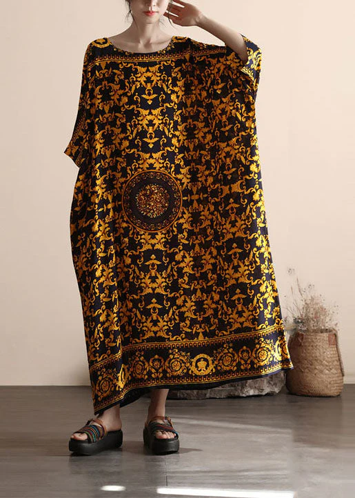 Bohemian Yellow O Neck Print Patchwork Cotton Beach Dress Summer - Image 2
