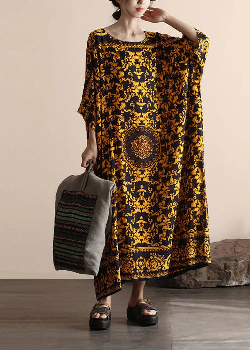 Bohemian Yellow O Neck Print Patchwork Cotton Beach Dress Summer - Image 3