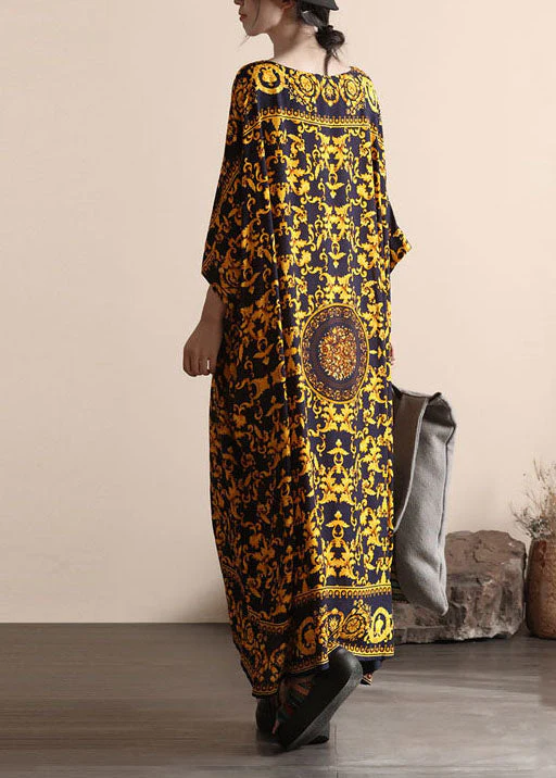 Bohemian Yellow O Neck Print Patchwork Cotton Beach Dress Summer - Image 4