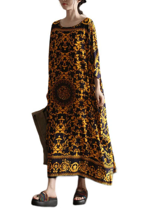 Bohemian Yellow O Neck Print Patchwork Cotton Beach Dress Summer - Image 5