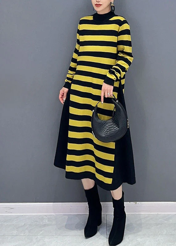 Bohemian Yellow O-Neck Striped Patchwork Party Maxi Dress Long Sleeve - Image 3