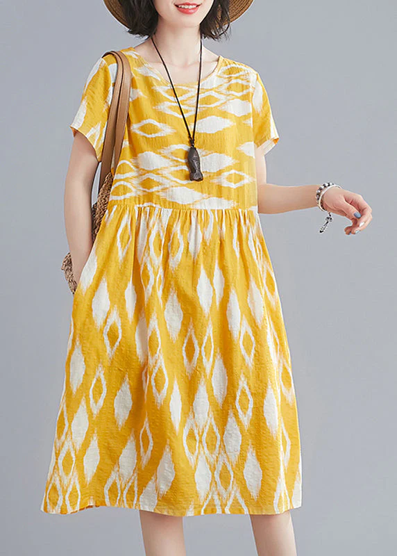 Bohemian Yellow O-Neck Wrinkled Print Cotton Beach Dresses Short Sleeve - Image 2
