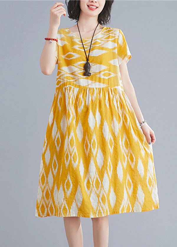 Bohemian Yellow O-Neck Wrinkled Print Cotton Beach Dresses Short Sleeve - Image 3