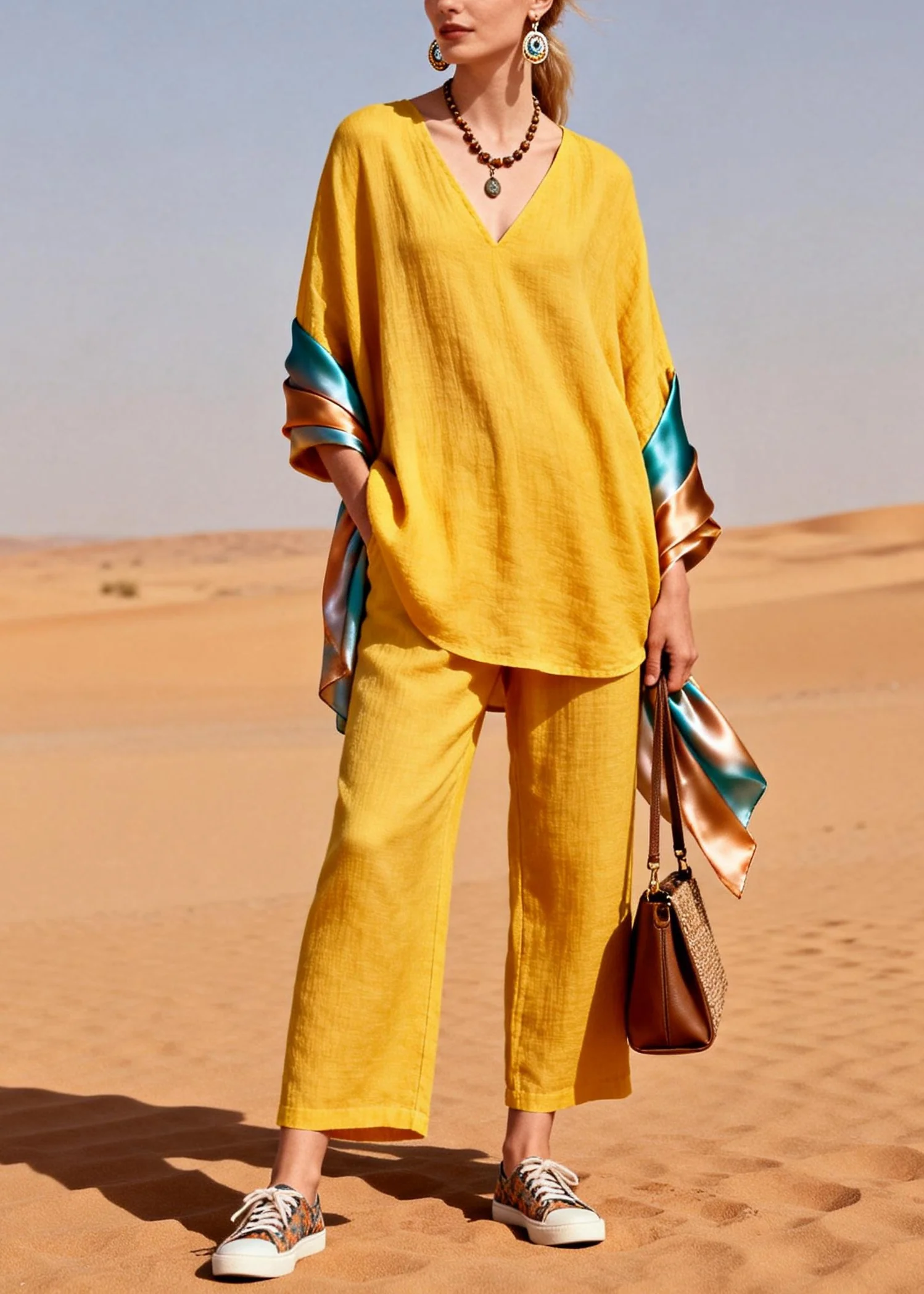 Bohemian Yellow Oversized Patchwork Shawl Cotton Two Piece Set Women Clothing Spring - Image 3