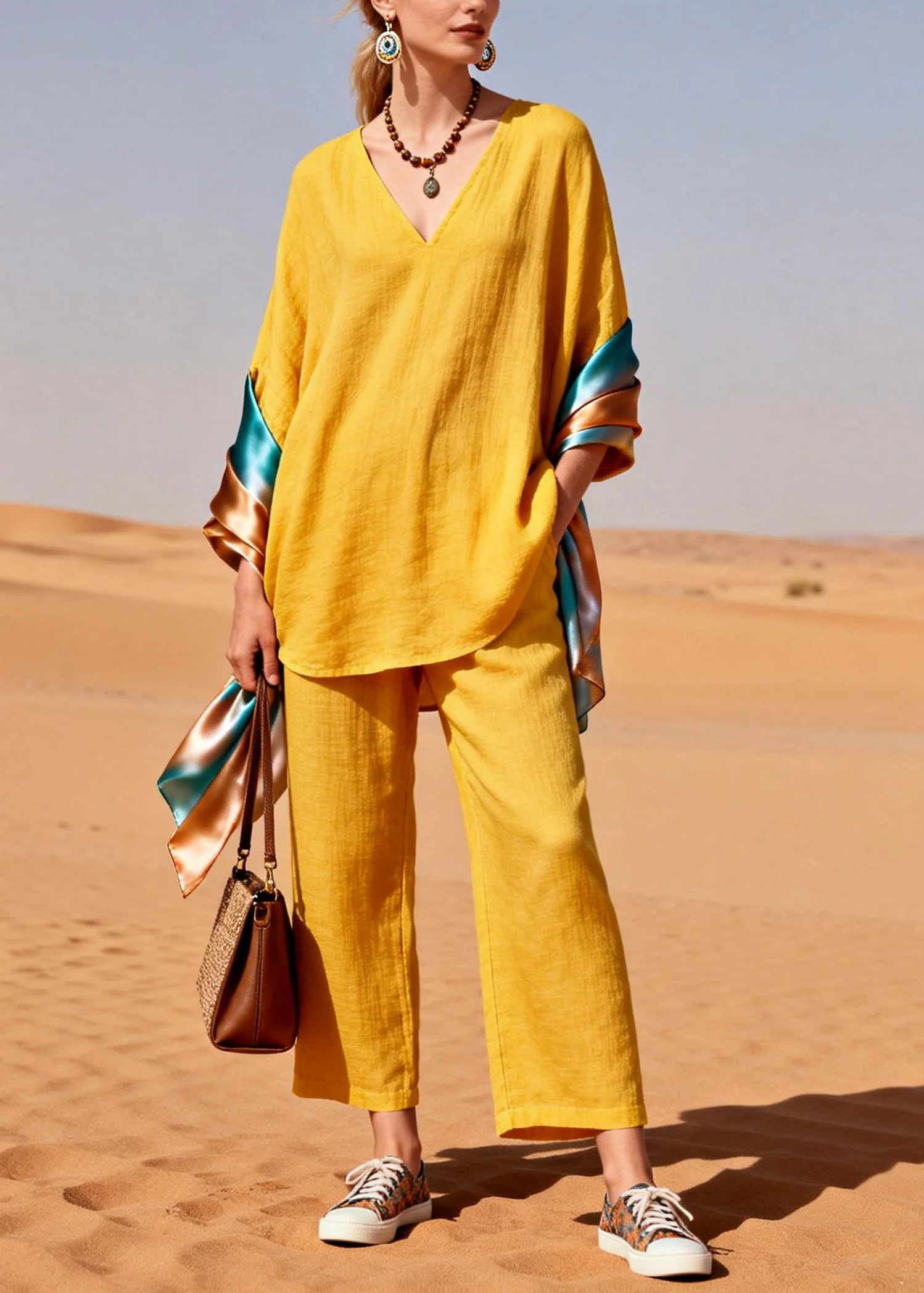 Bohemian Yellow Oversized Patchwork Shawl Cotton Two Piece Set Women Clothing Spring - Image 5