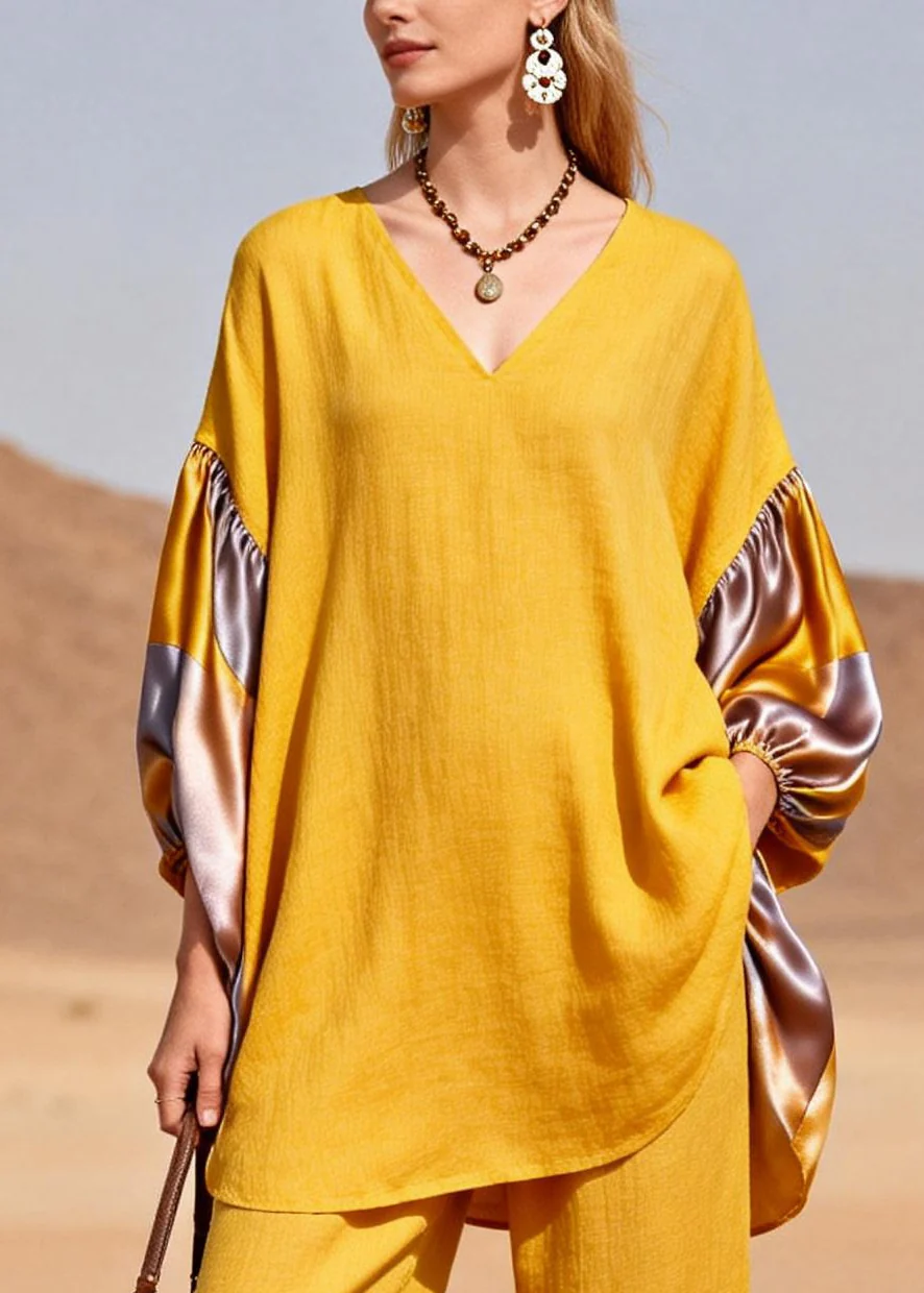 Bohemian Yellow Oversized Patchwork Silk Cotton Two Pieces Set Spring - Image 2