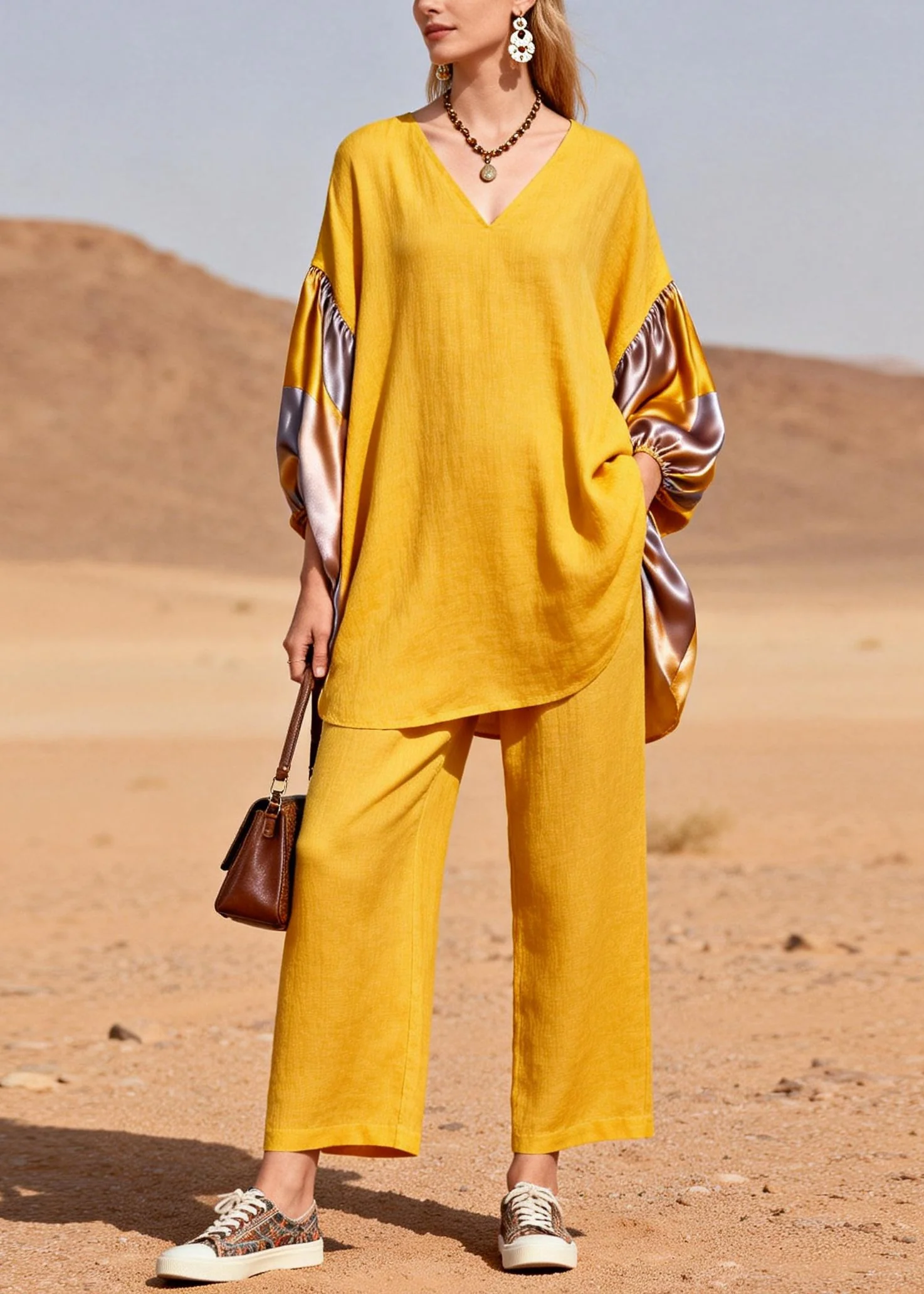 Bohemian Yellow Oversized Patchwork Silk Cotton Two Pieces Set Spring - Image 5