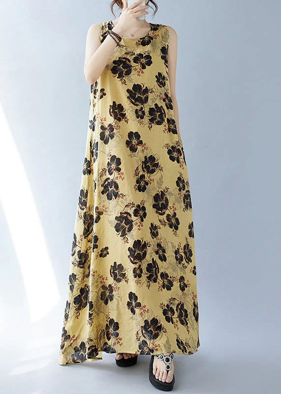 Bohemian Yellow Oversized Print Cotton Dresses Sleeveless - Image 3