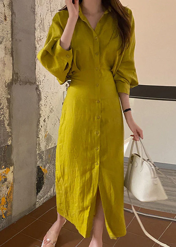 Bohemian Yellow Peter Pan Collar Cinched Cotton Shirt Dresses Lantern Sleeve - Image 2