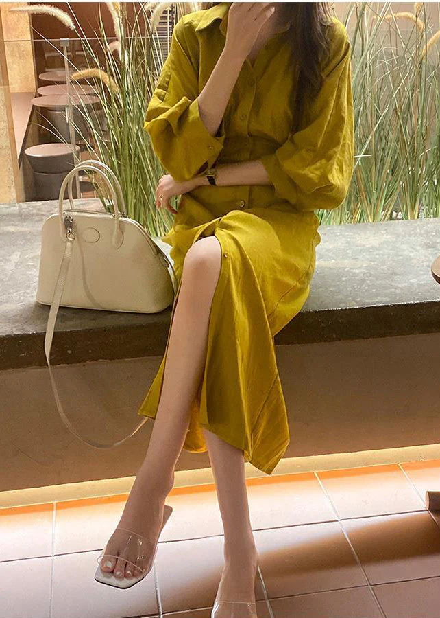 Bohemian Yellow Peter Pan Collar Cinched Cotton Shirt Dresses Lantern Sleeve - Image 3