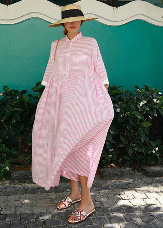 Bohemian Yellow Peter Pan Collar Striped Button Pockets Wrinkled Long Dresses Half Sleeve - Image 3