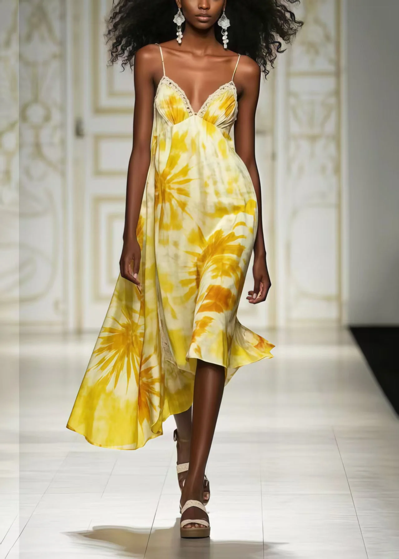 Bohemian Yellow Print Chiffon Cami Dresses Summer - Image 3
