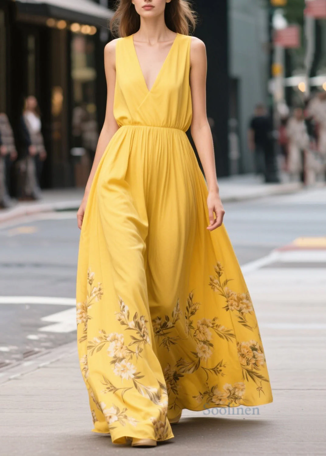 Bohemian Yellow Print Draping Chiffon Sundress Summer - Image 3