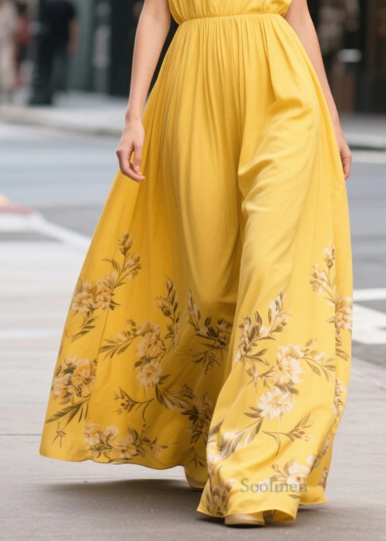 Bohemian Yellow Print Draping Chiffon Sundress Summer - Image 4