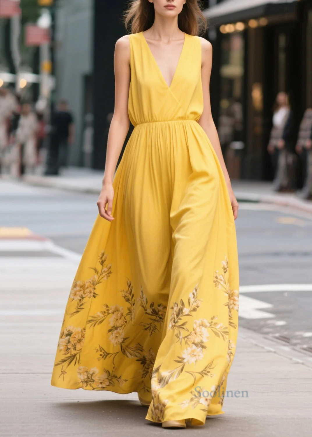Bohemian Yellow Print Draping Chiffon Sundress Summer - Image 5