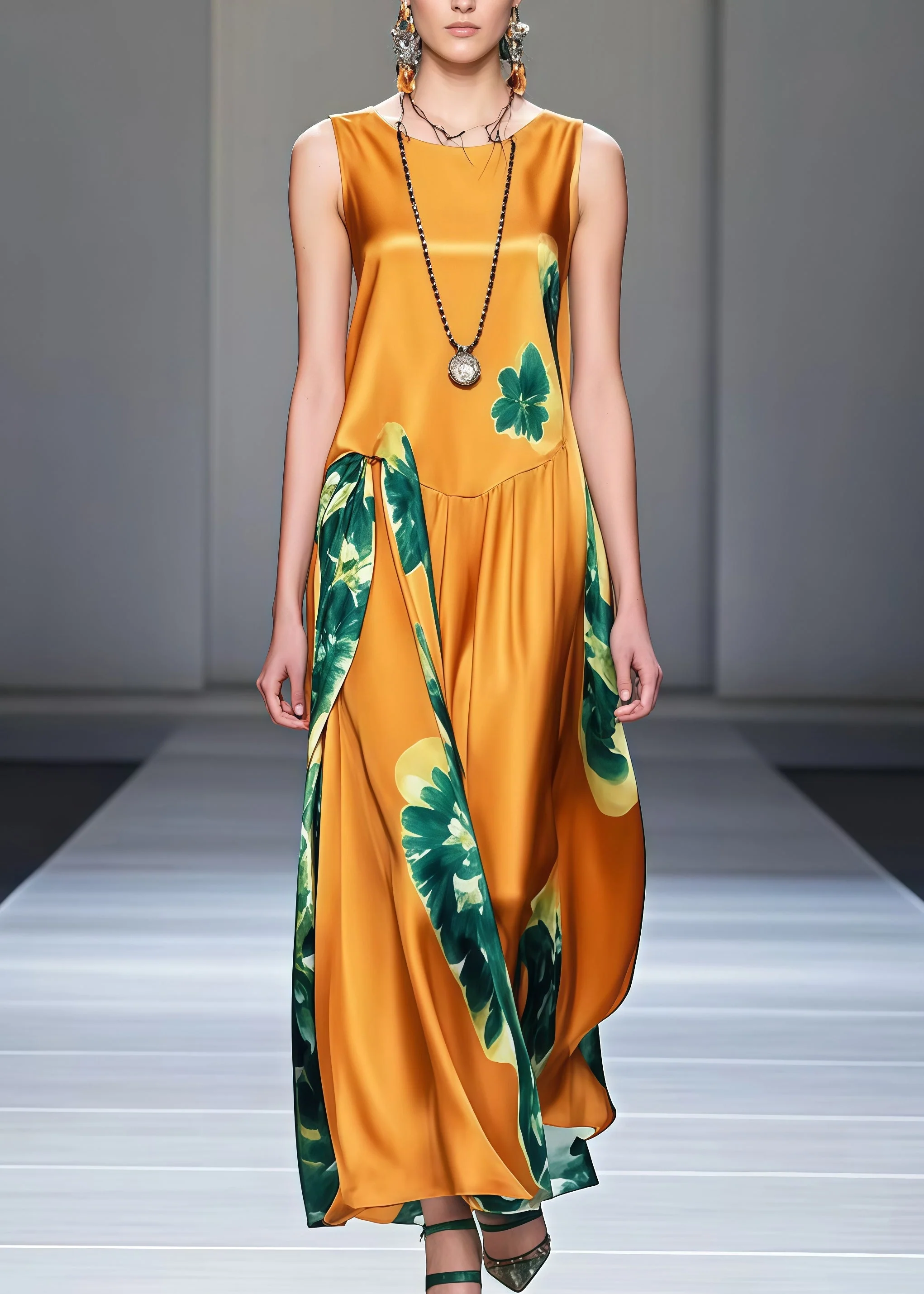 Bohemian Yellow Print Draping Silk Maxi Dresses Sleeveless - Image 3