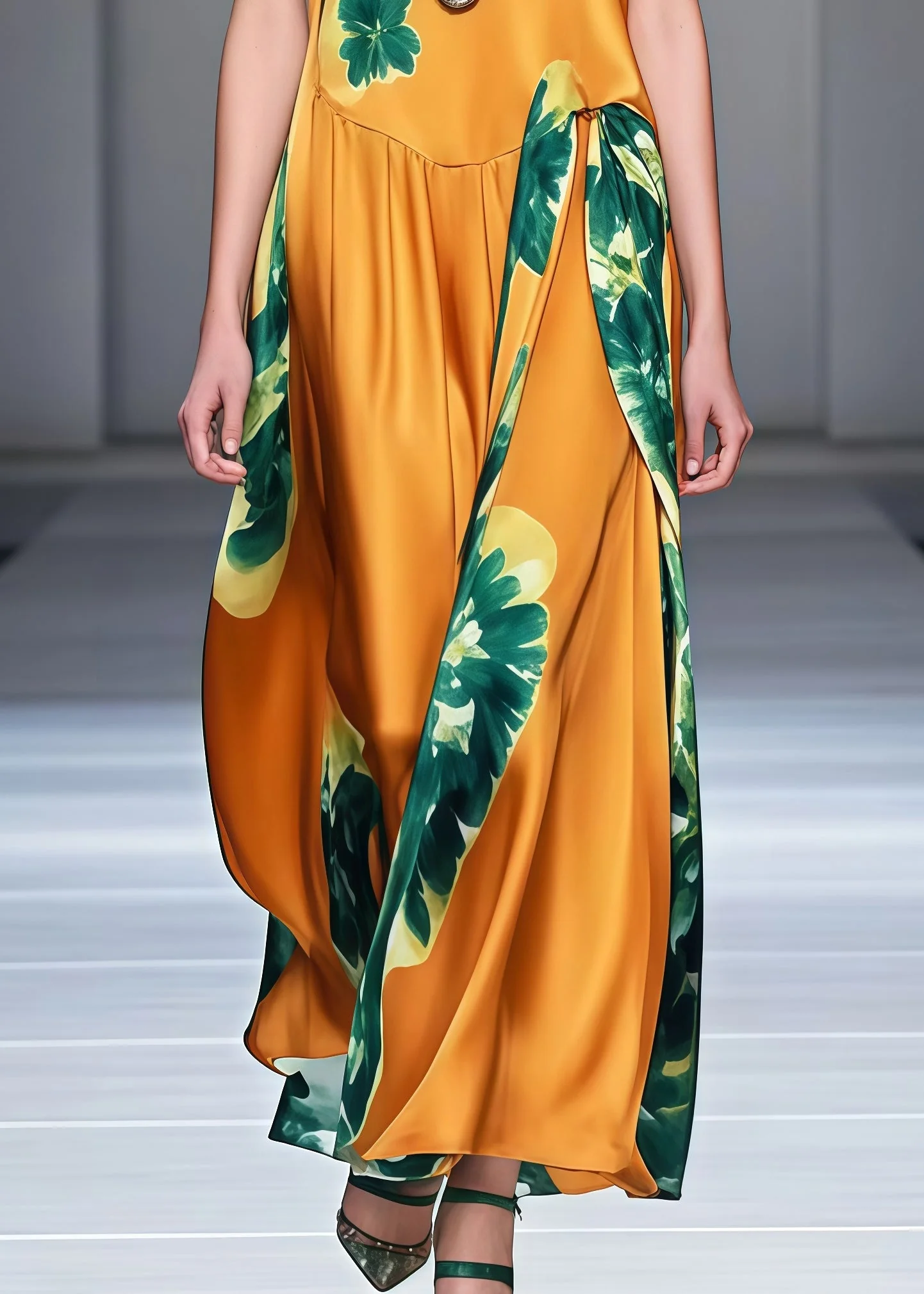 Bohemian Yellow Print Draping Silk Maxi Dresses Sleeveless - Image 4