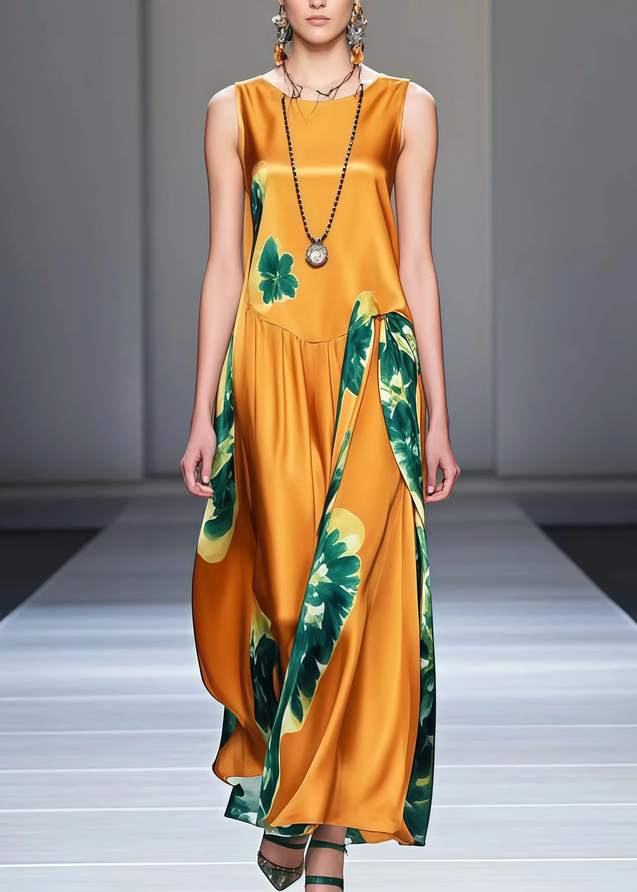 Bohemian Yellow Print Draping Silk Maxi Dresses Sleeveless - Image 5