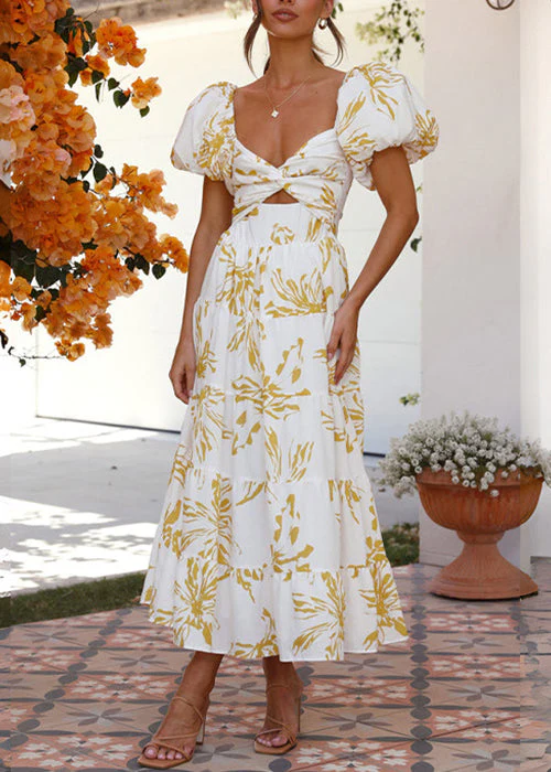 Bohemian Yellow Print Hollow Out Cotton Long Dress Summer - Image 2