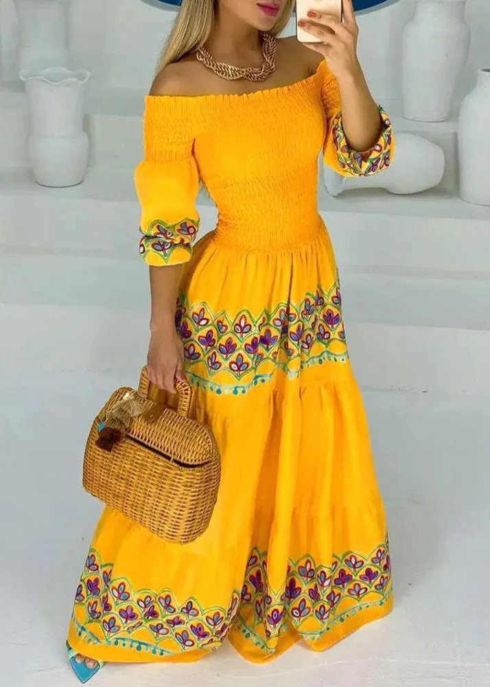 Bohemian Yellow Slash Neck Print Cotton Maxi Dresses Summer - Image 3