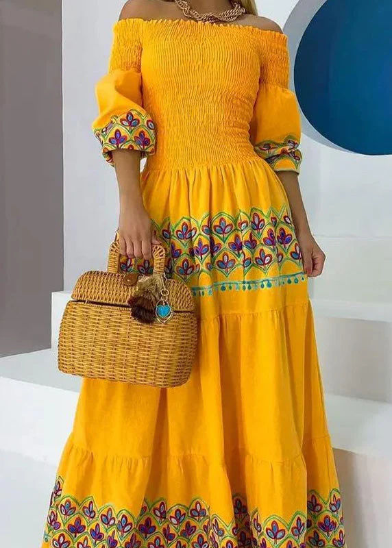 Bohemian Yellow Slash Neck Print Cotton Maxi Dresses Summer - Image 4