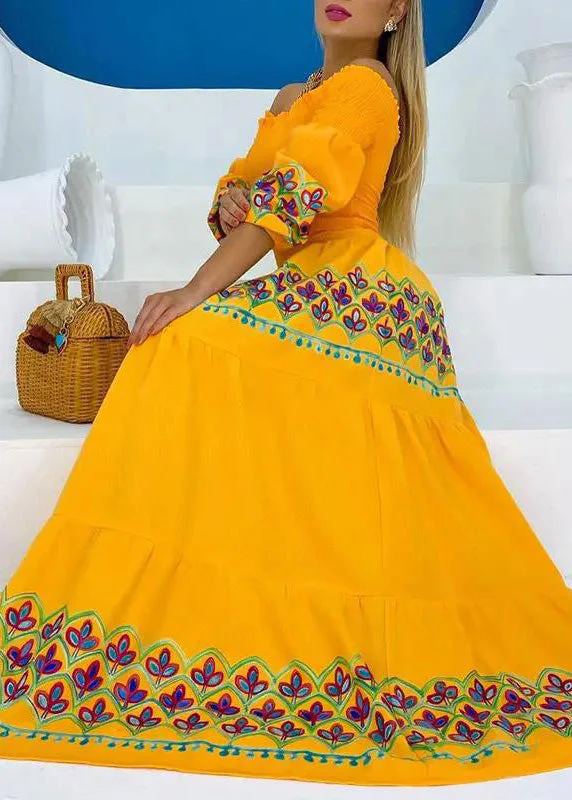 Bohemian Yellow Slash Neck Print Cotton Maxi Dresses Summer - Image 5