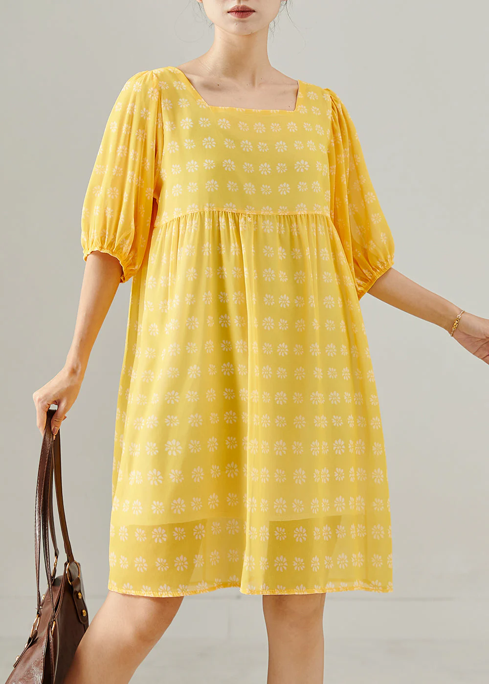 Bohemian Yellow Square Collar Print Cotton Tea Dress Summer - Image 2