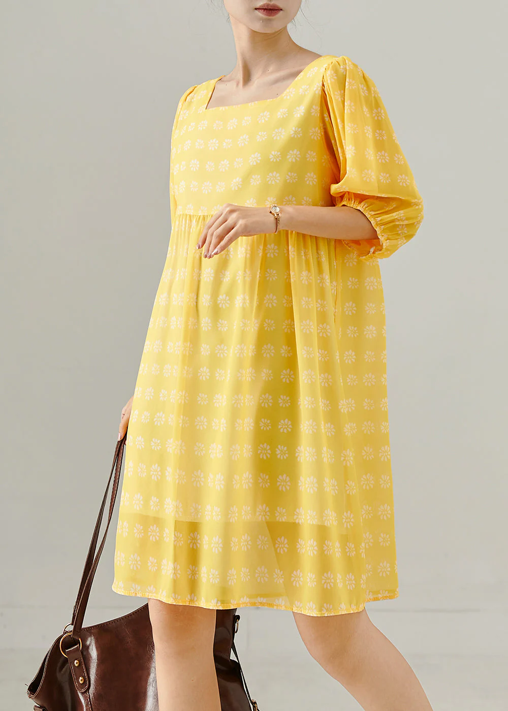 Bohemian Yellow Square Collar Print Cotton Tea Dress Summer - Image 3