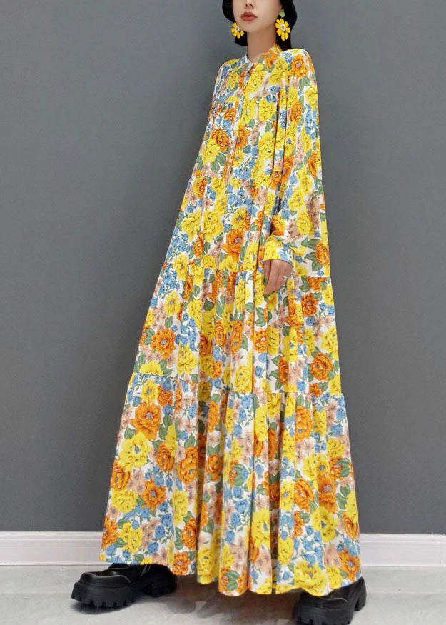 Bohemian Yellow Stand Collar Print Exra Large Hem Cotton Vacation Dresses Spring - Image 2