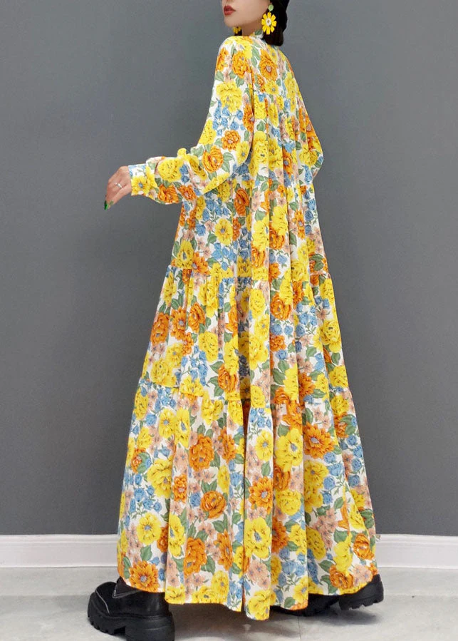 Bohemian Yellow Stand Collar Print Exra Large Hem Cotton Vacation Dresses Spring - Image 3