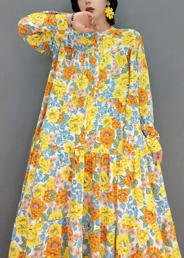 Bohemian Yellow Stand Collar Print Exra Large Hem Cotton Vacation Dresses Spring - Image 4
