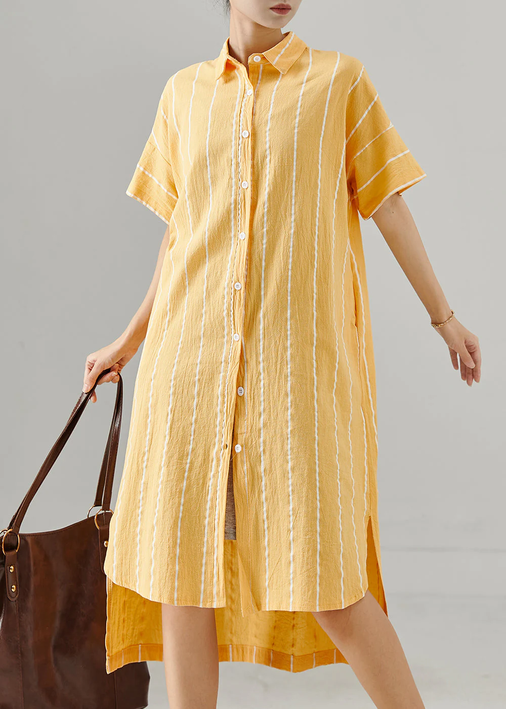 Bohemian Yellow Striped Low High Design Cotton Dresses Summer - Image 3