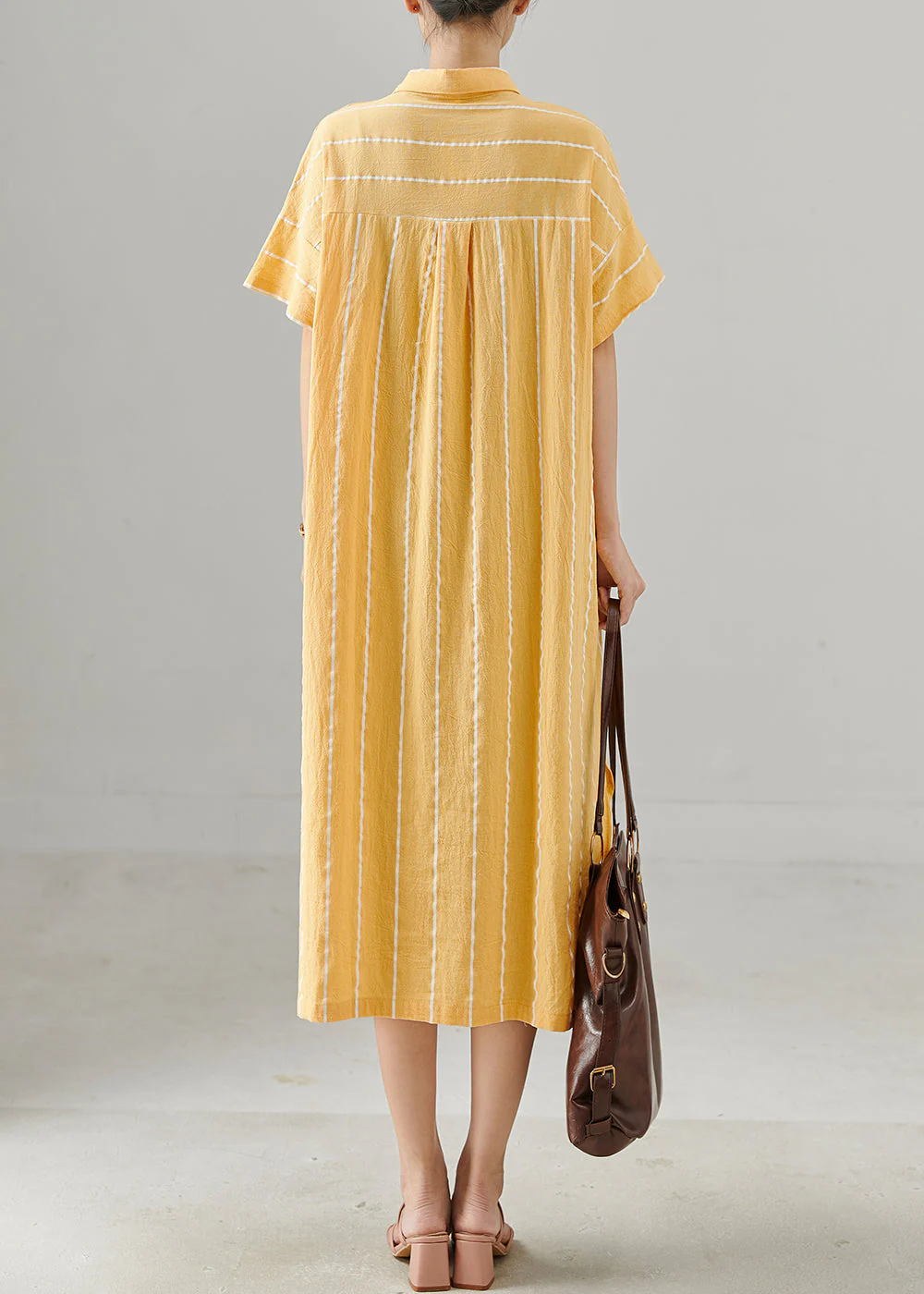 Bohemian Yellow Striped Low High Design Cotton Dresses Summer - Image 4